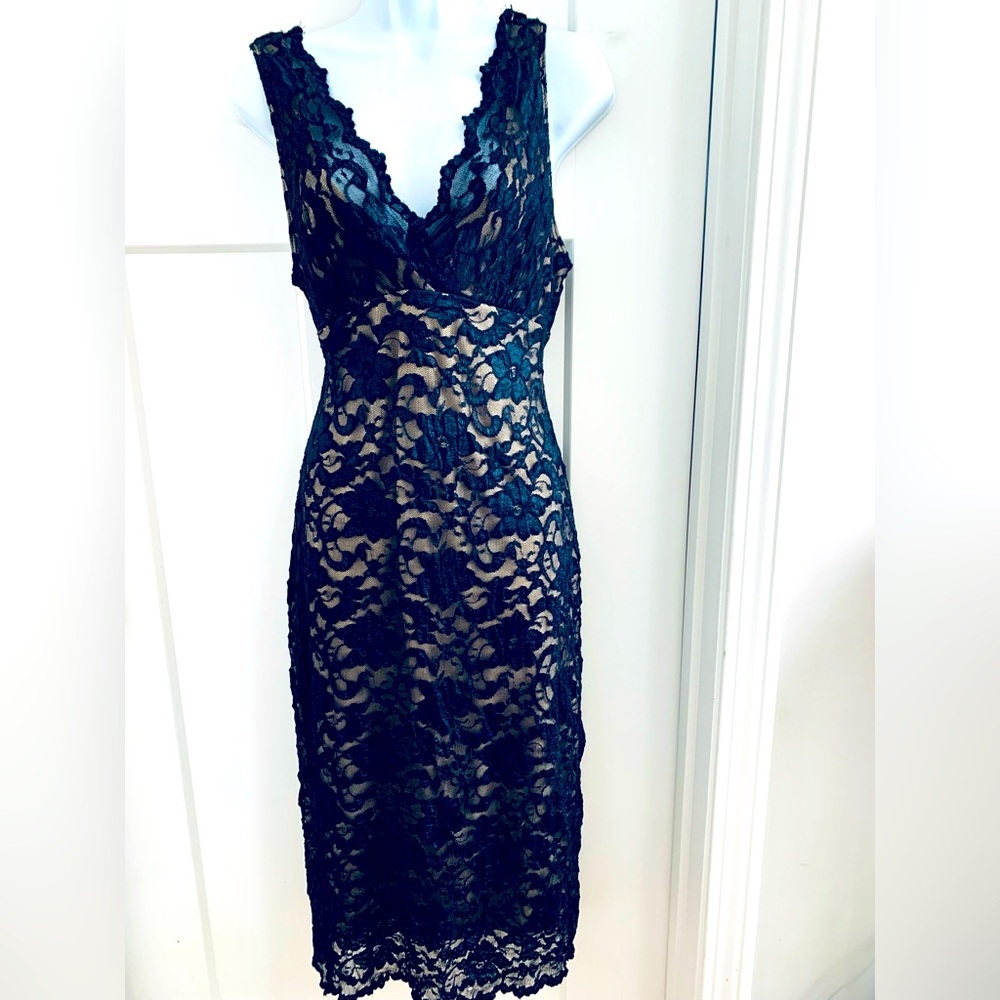 MICA BLACK SHEER LACE DRESS WITH SKIN TONE SLIP UNDERNEATH SUPER SEXY W/STRETCH